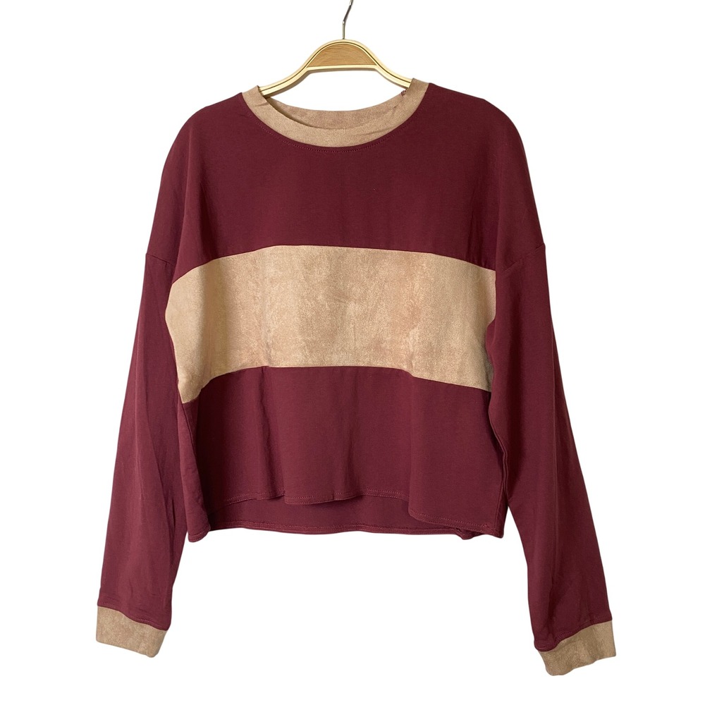 En Creme Colorblock Faux Suede Sweatshirt Women L Burgundy Indie Blokecore NWT